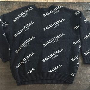 Balenciaga Black and White Crewneck Sweater with Logo Pattern